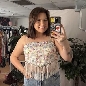 Majorelle Elly Strapless Floral Fringe Crop Top Ivory Size Small